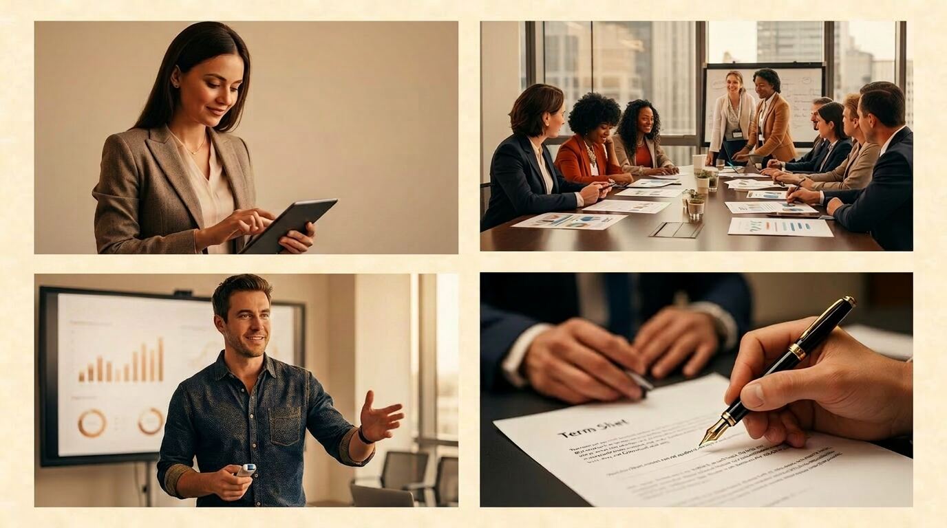 Investors reviewing pitch decks and signing term sheets